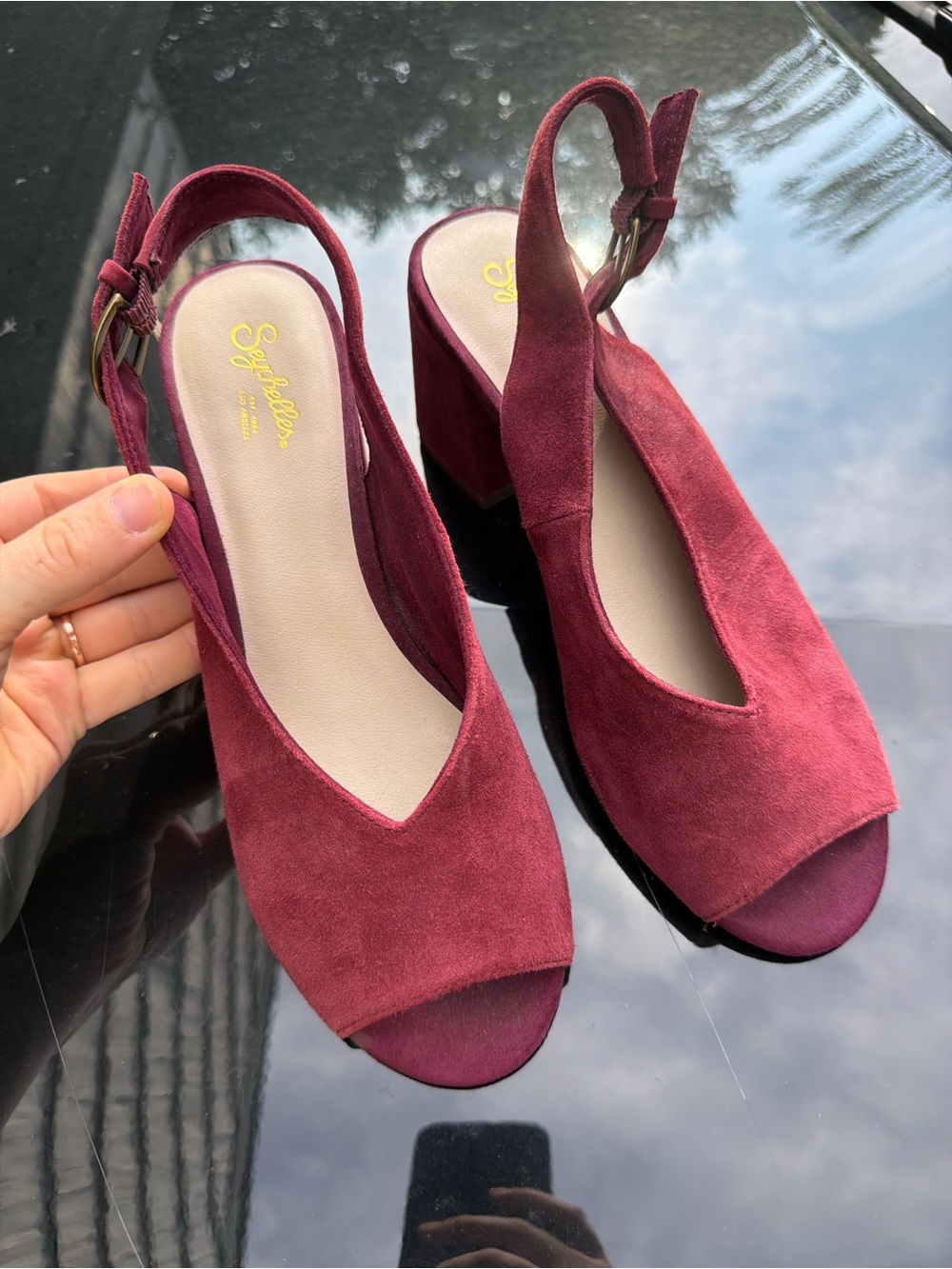 Seychelles Wine Suede Slingback Block Heels